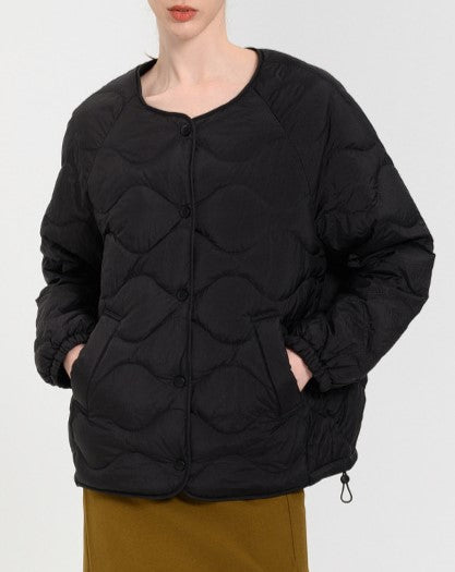 Collarless Onion Quilted Puffer Jacket - Black