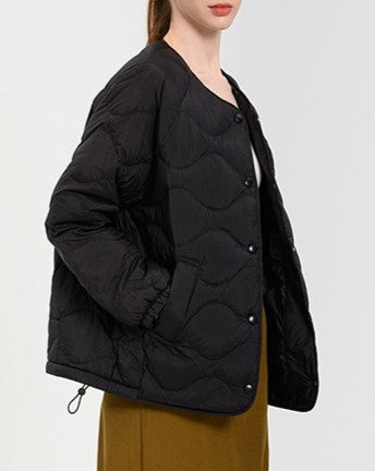 Collarless Onion Quilted Puffer Jacket - Black - 1