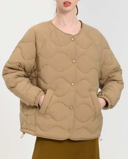 Collarless Onion Quilted Puffer Jacket - Khaki