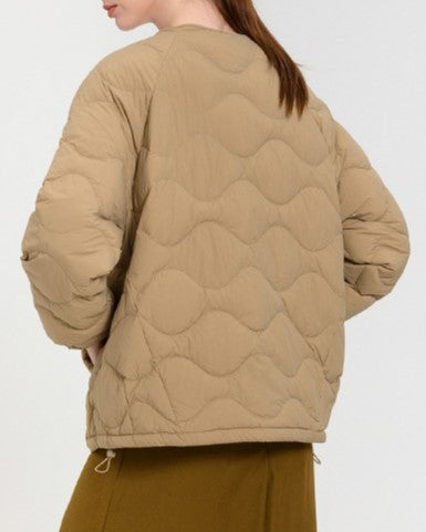 Collarless Onion Quilted Puffer Jacket - Khaki - 1