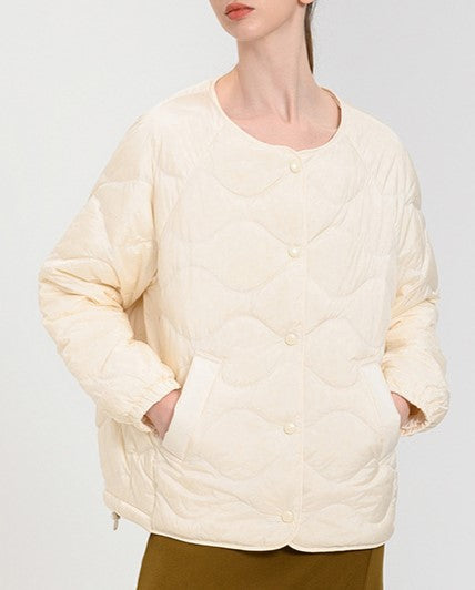 Collarless Onion Quilted Puffer Jacket - White - 1