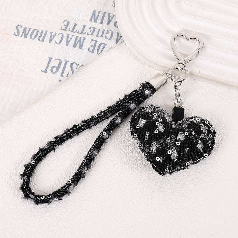 Distressed Denim Heart Wristlet Keychain - Black