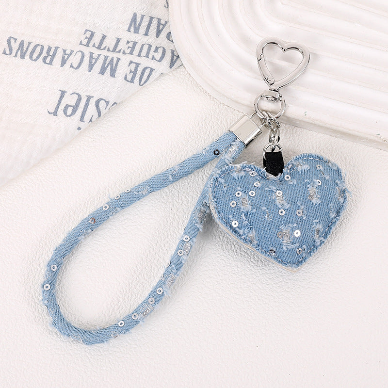 Distressed Denim Heart Wristlet Keychain - Blue
