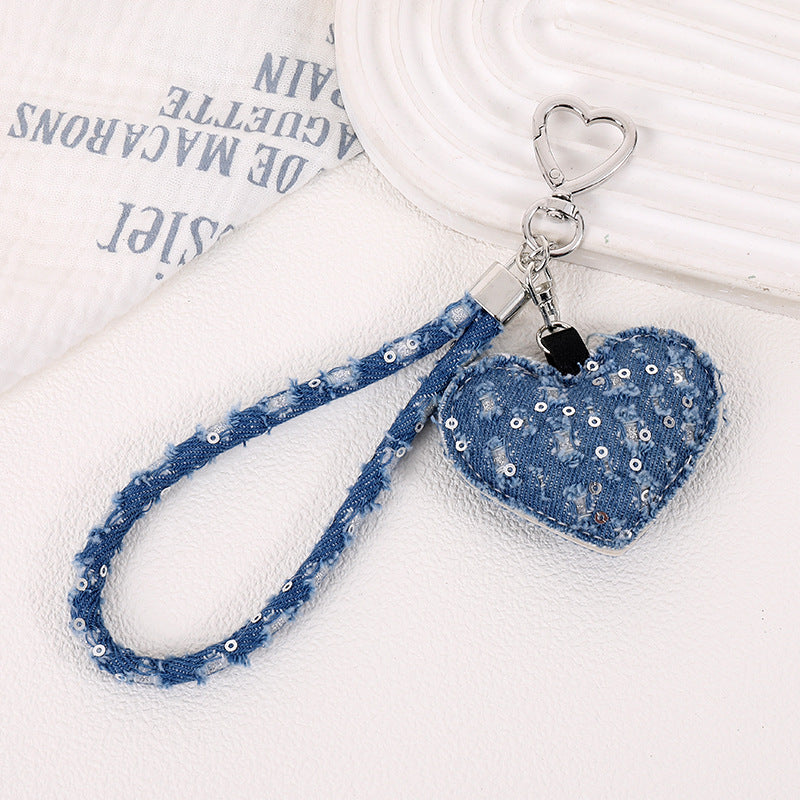 Distressed Denim Heart Wristlet Keychain - Deep-Blue
