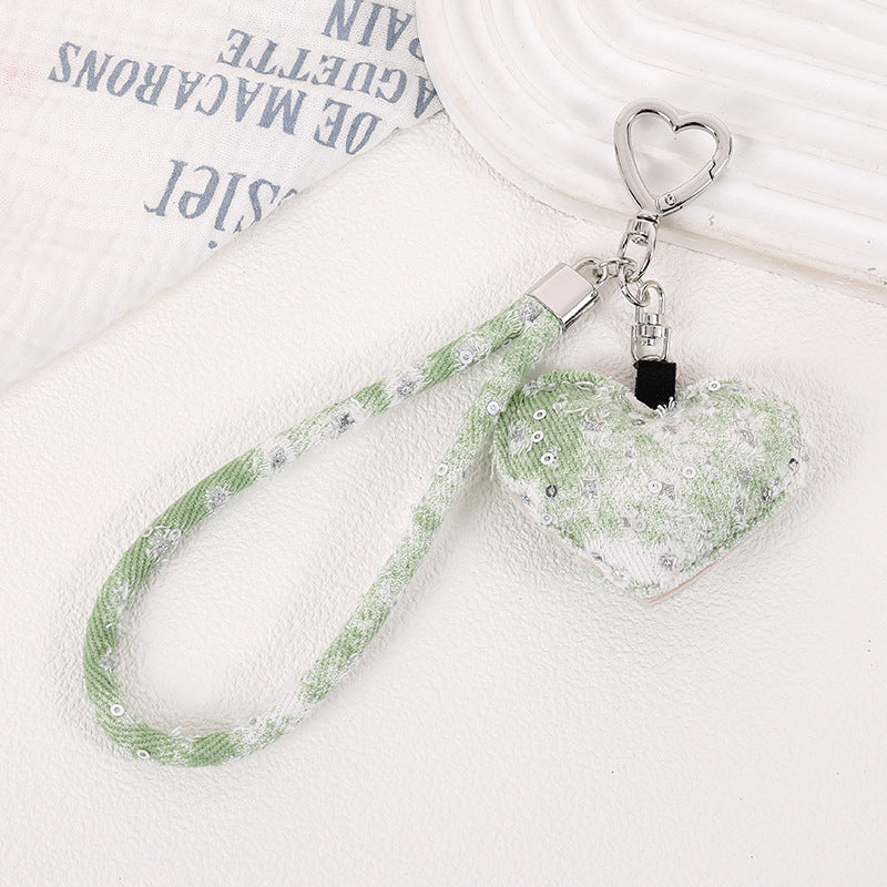 Distressed Denim Heart Wristlet Keychain - Green