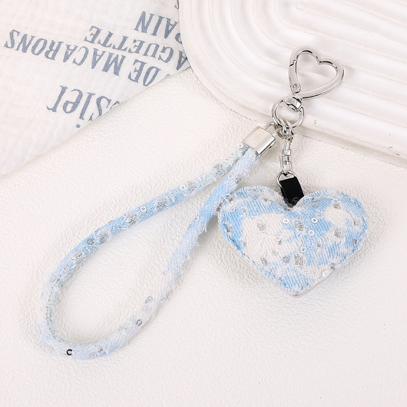 Distressed Denim Heart Wristlet Keychain - Light-Blue