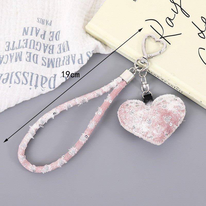 Distressed Denim Heart Wristlet Keychain - Pink