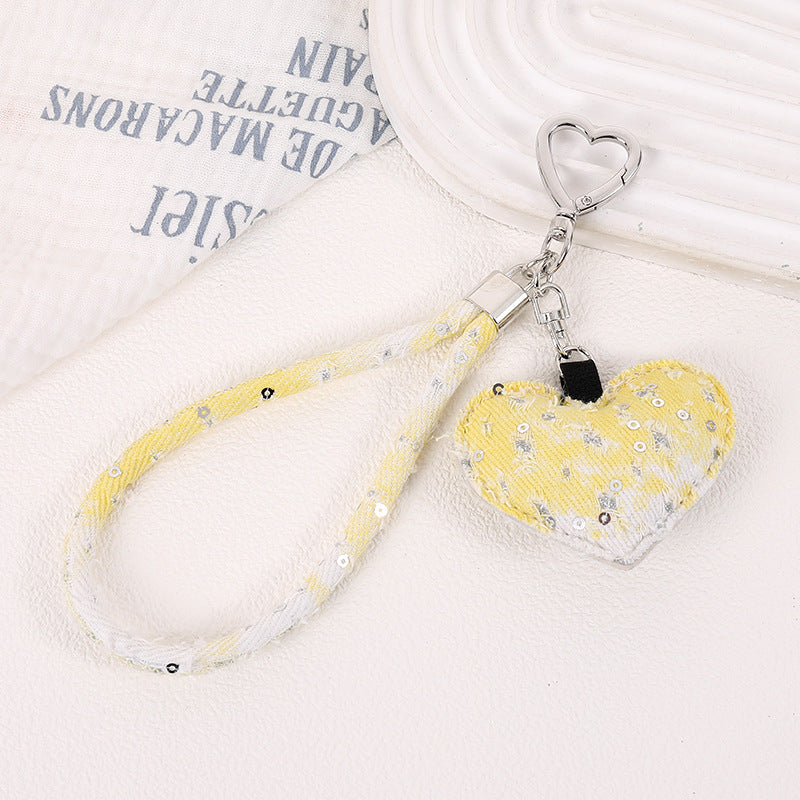 Distressed Denim Heart Wristlet Keychain - Yellow