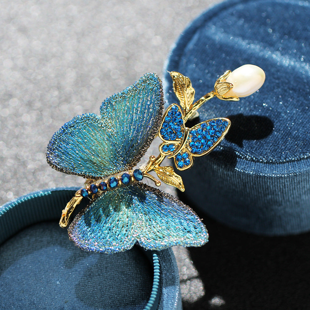 Ombre Butterfly Pearl Drop Brooch - Blue