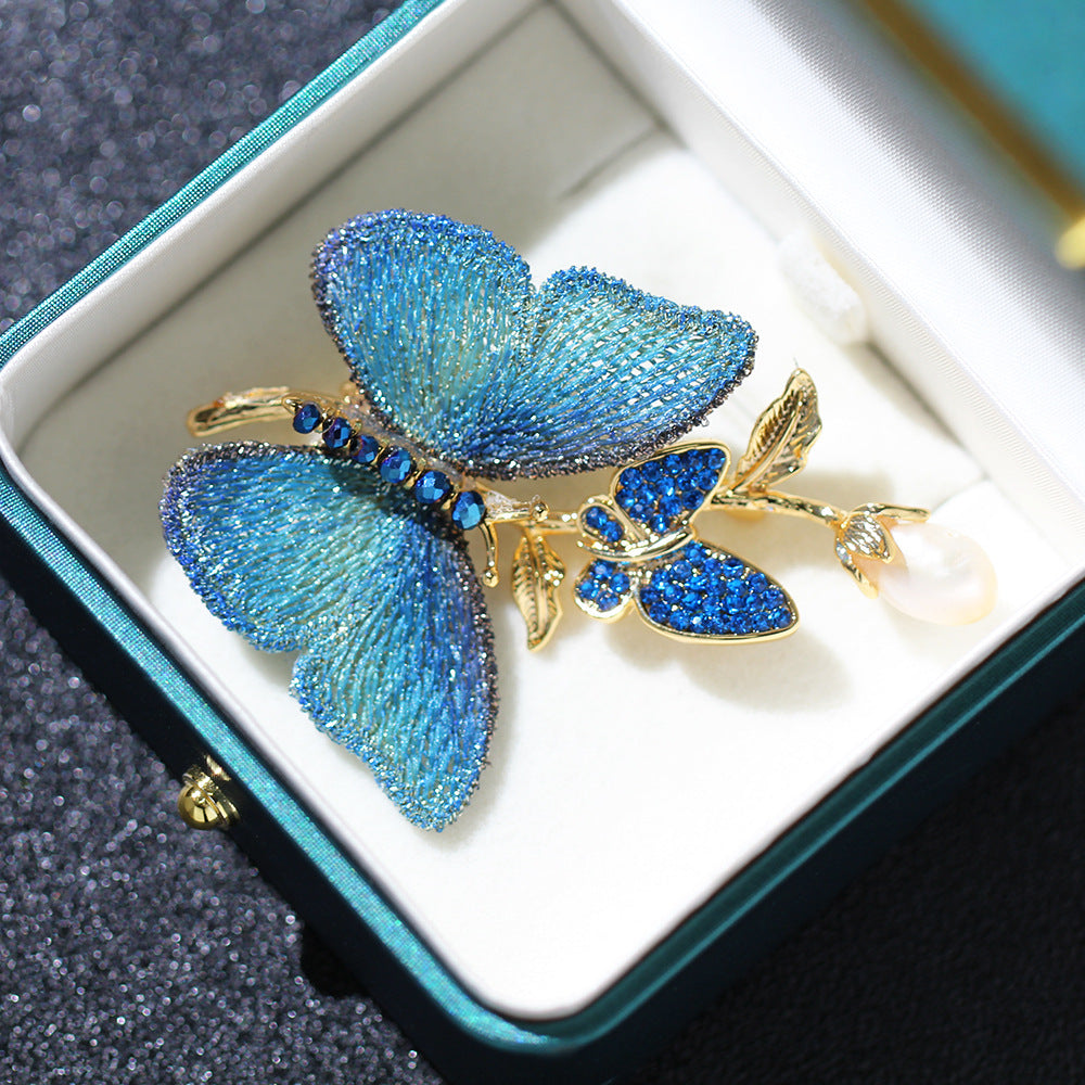 Ombre Butterfly Pearl Drop Brooch - Blue - 1