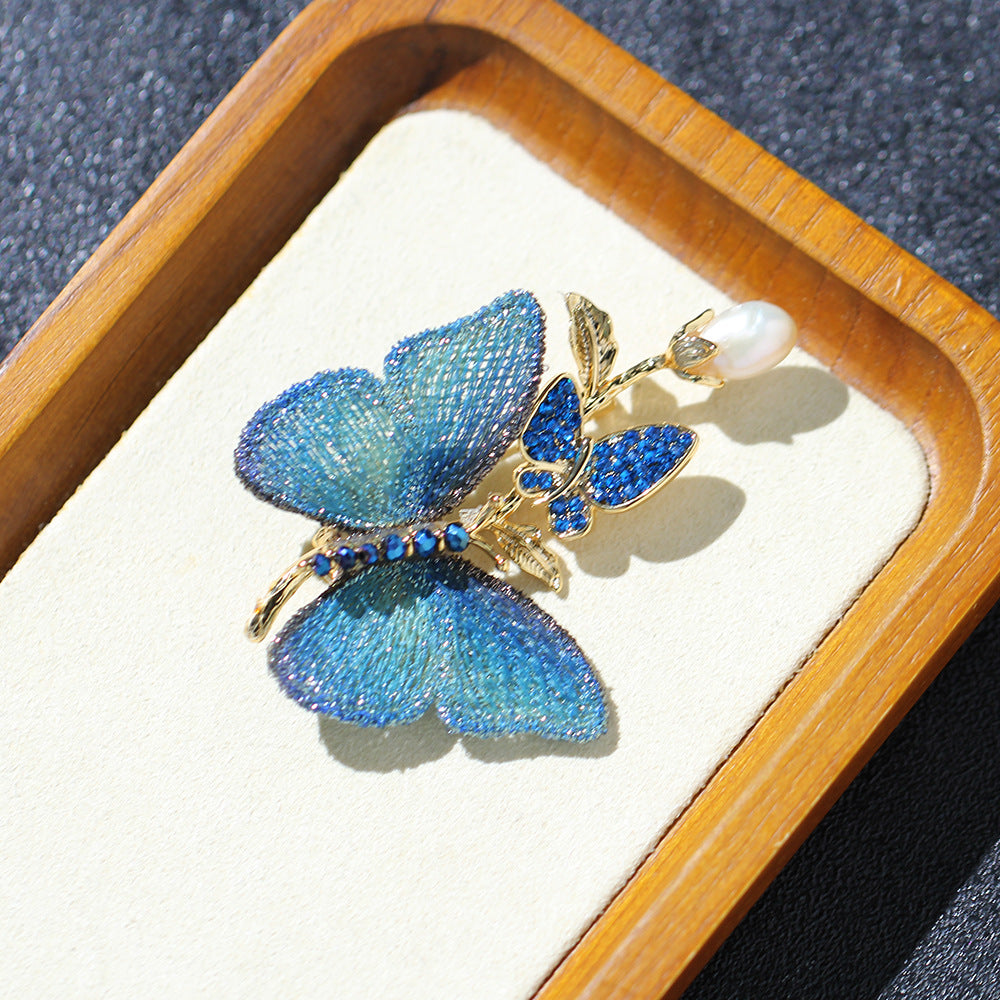 Ombre Butterfly Pearl Drop Brooch - Blue - 2