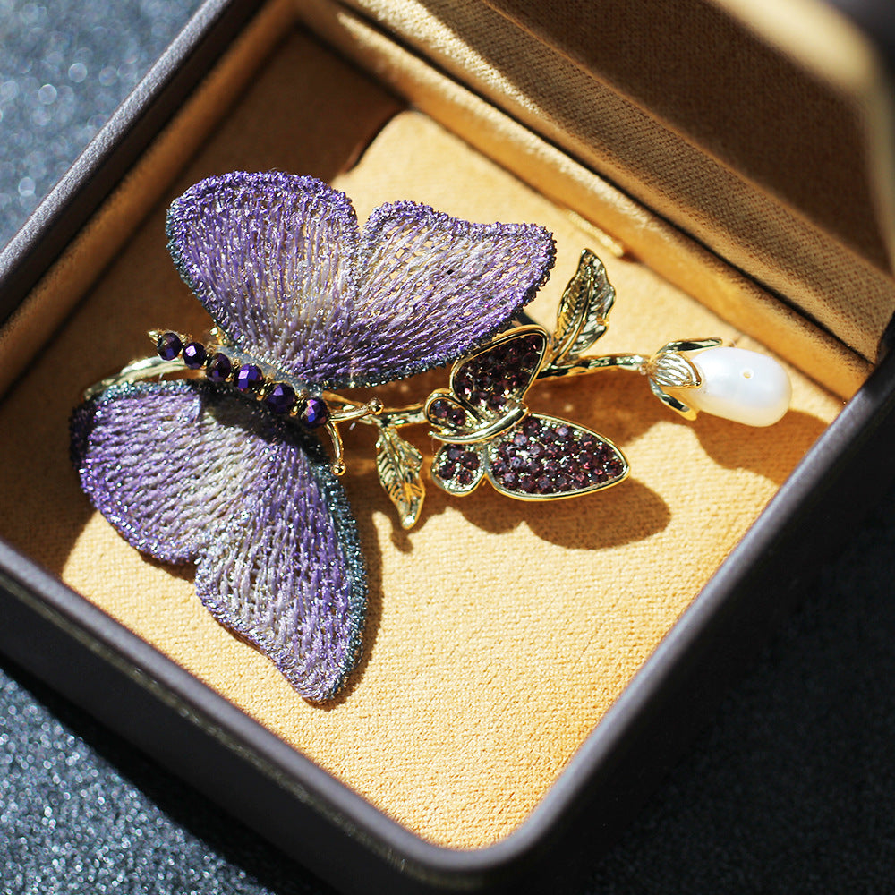 Ombre Butterfly Pearl Drop Brooch - Purple