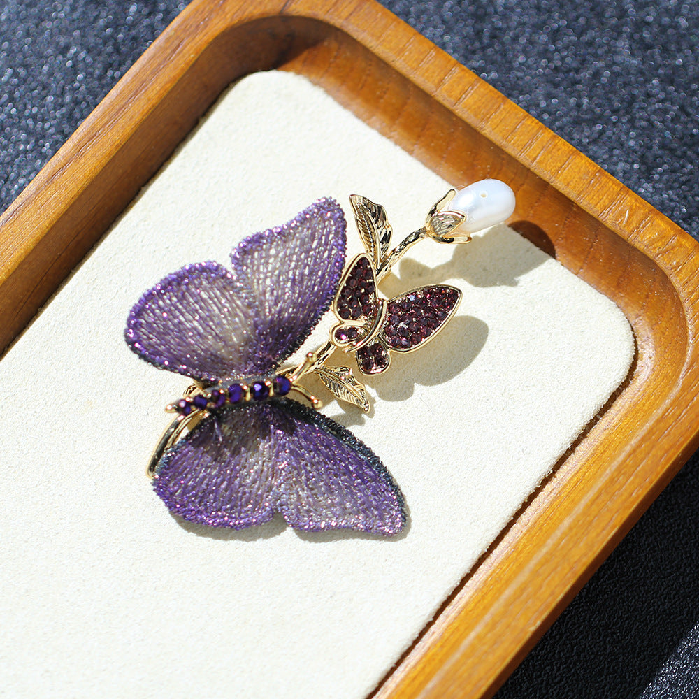 Ombre Butterfly Pearl Drop Brooch - Purple - 2