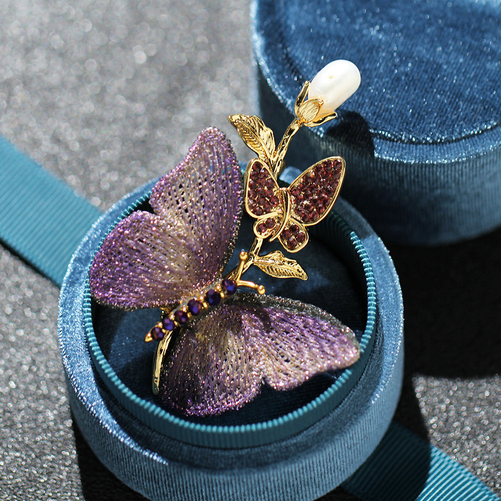 Ombre Butterfly Pearl Drop Brooch - Purple - 3