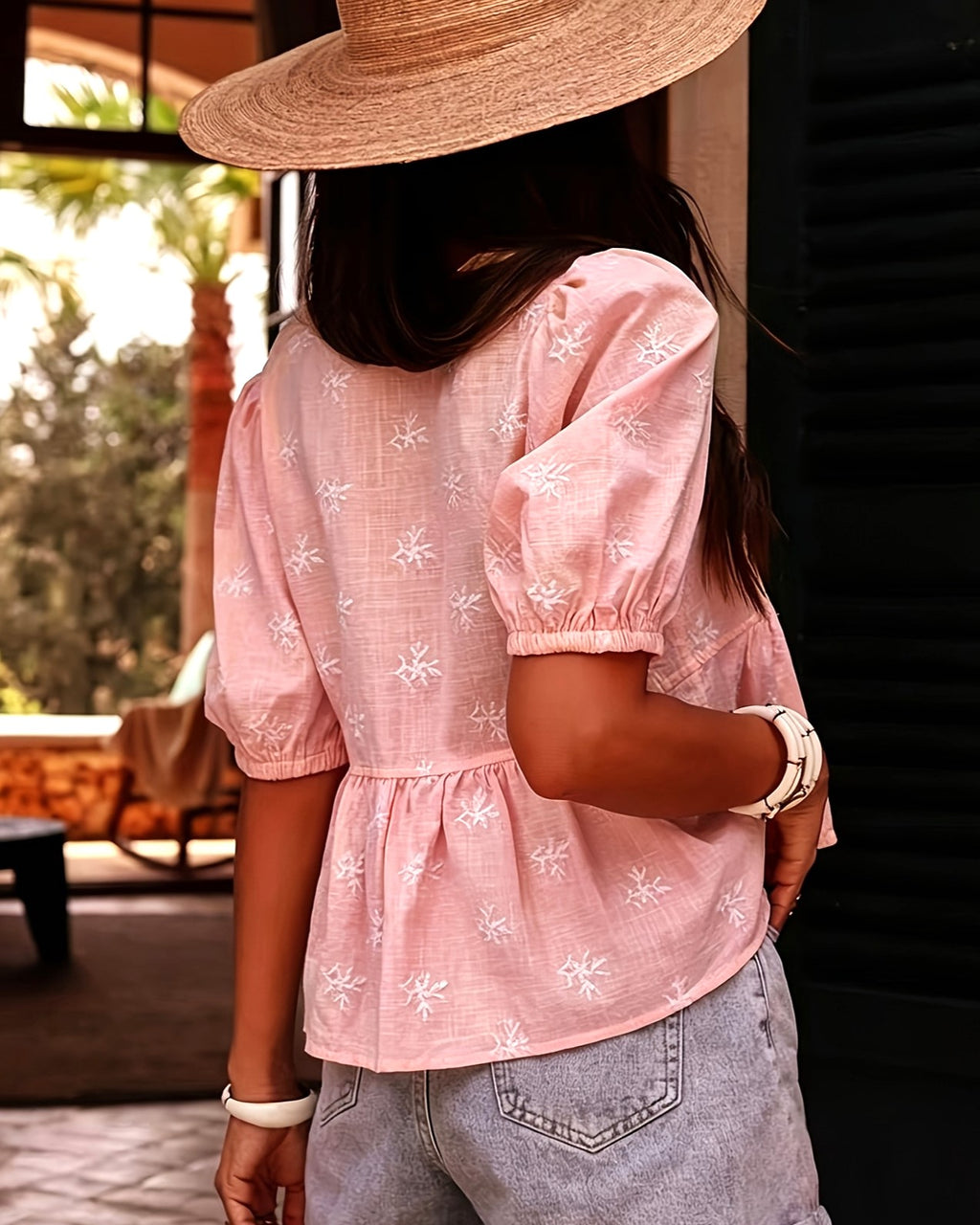 Puff Sleeve Embroidered Peplum Blouse - Pink - 1