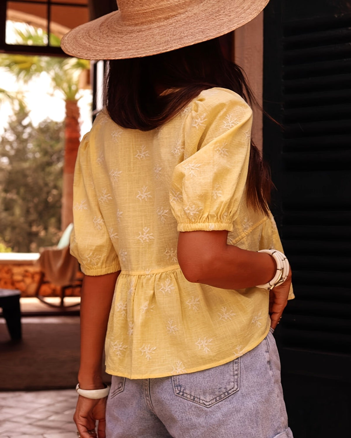 Puff Sleeve Embroidered Peplum Blouse - Yellow - 1