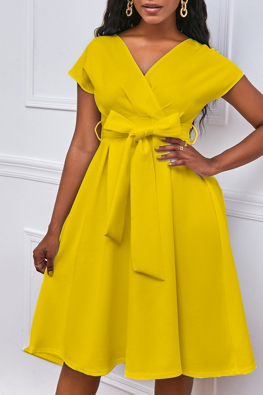 Surplice V-Neck Tie Waist Fit and Flare Midi Dress - Yellow - 1