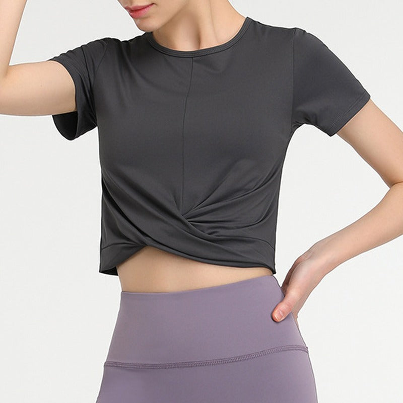 Twist Front Cropped Short Sleeve Workout Tee - Charcoal