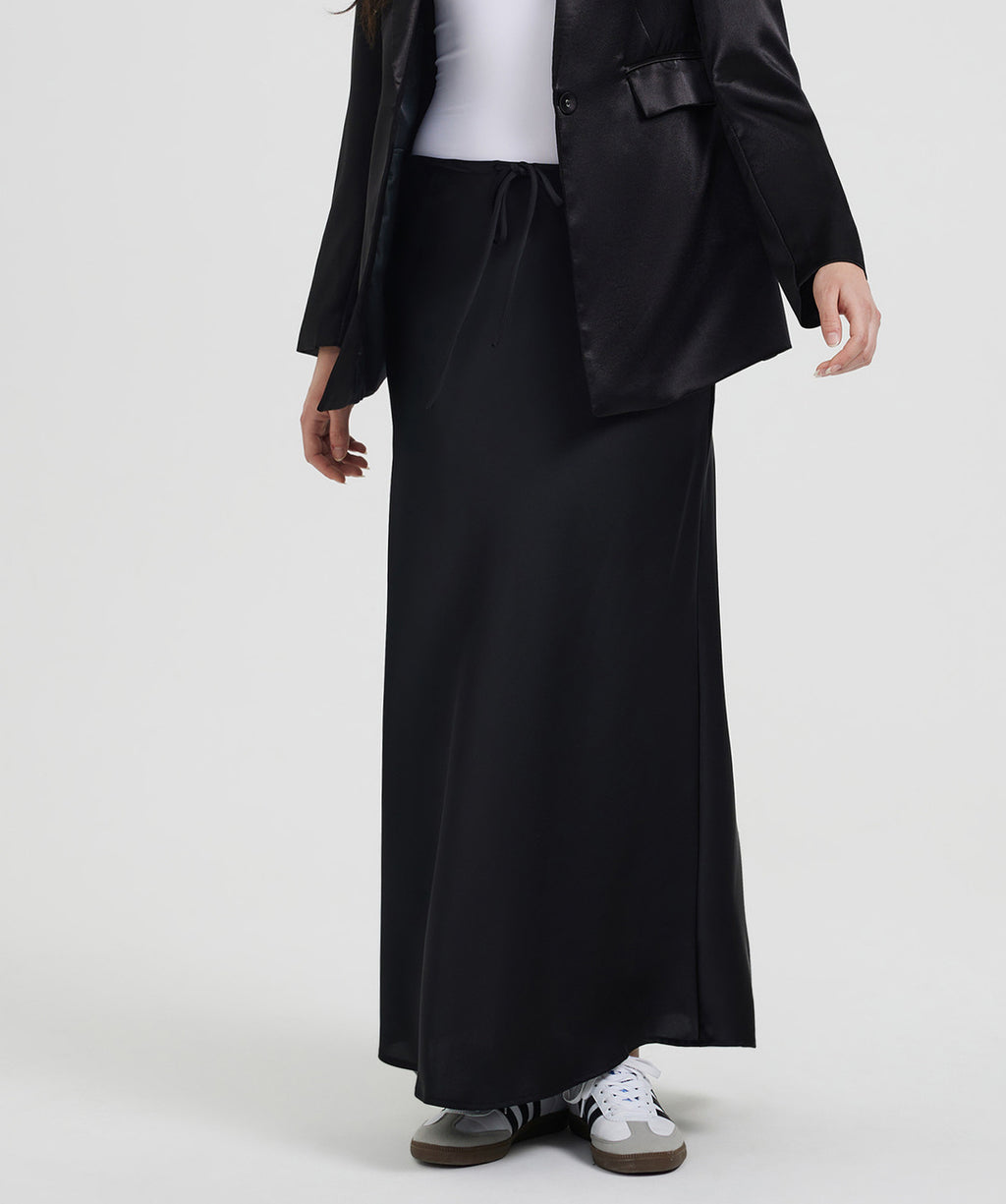 Crinkle Satin Bias Cut Maxi Skirt - Black - 1