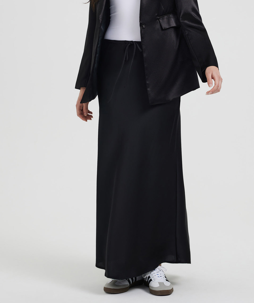 Crinkle Satin Bias Cut Maxi Skirt - Black - 1