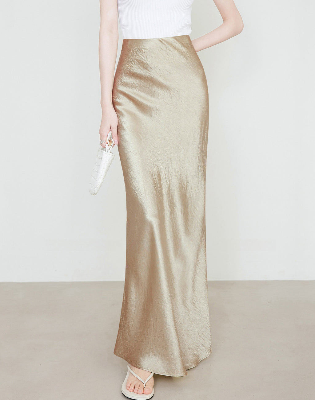 Crinkle Satin Bias Cut Maxi Skirt - Champagn - 2