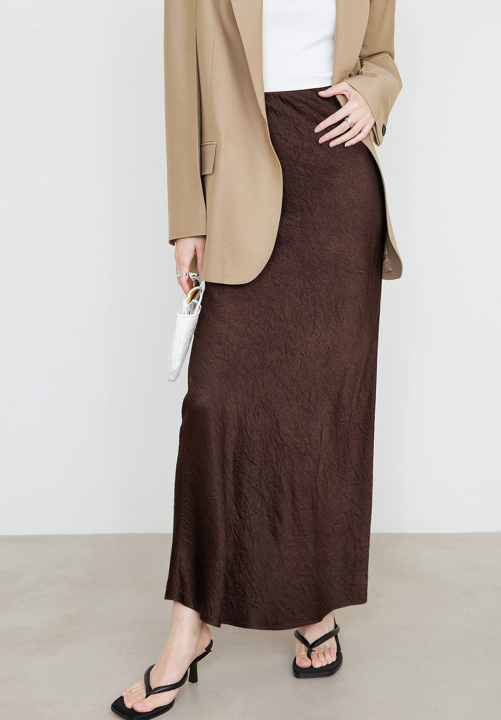 Crinkle Satin Bias Cut Maxi Skirt - Coffee - 1