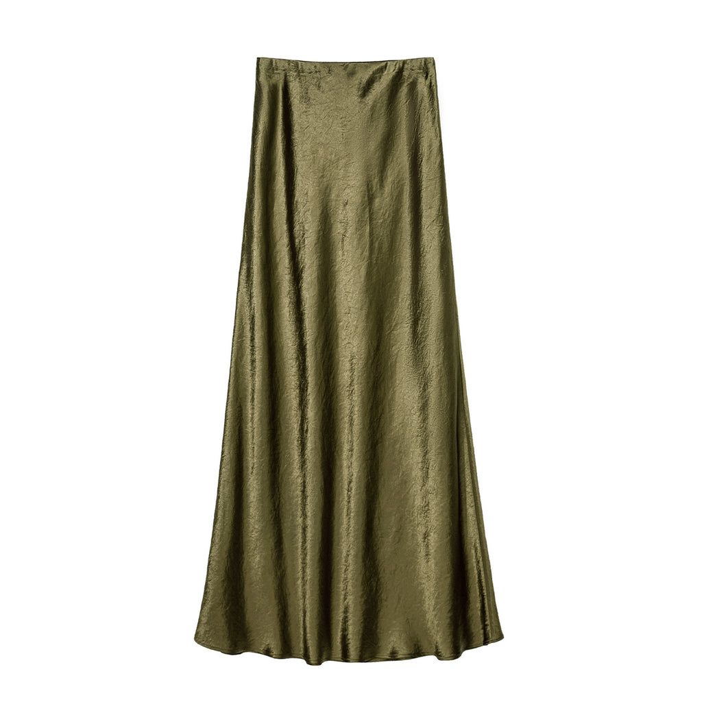 Crinkle Satin Bias Cut Maxi Skirt - Green