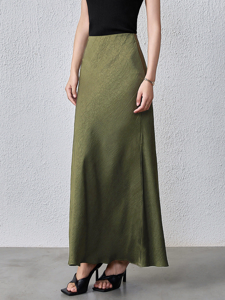 Crinkle Satin Bias Cut Maxi Skirt - Green - 1