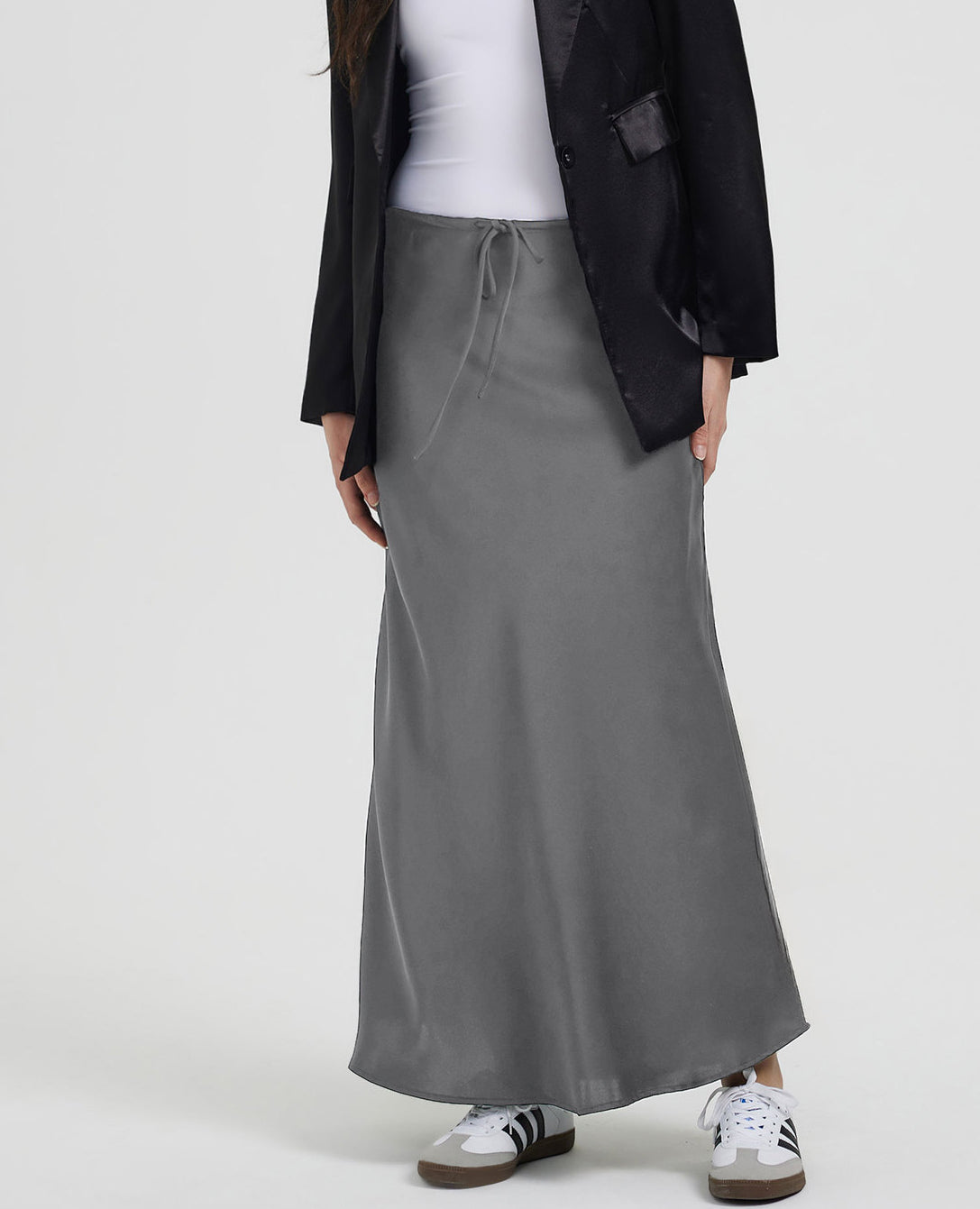 Crinkle Satin Bias Cut Maxi Skirt - Grey - 1