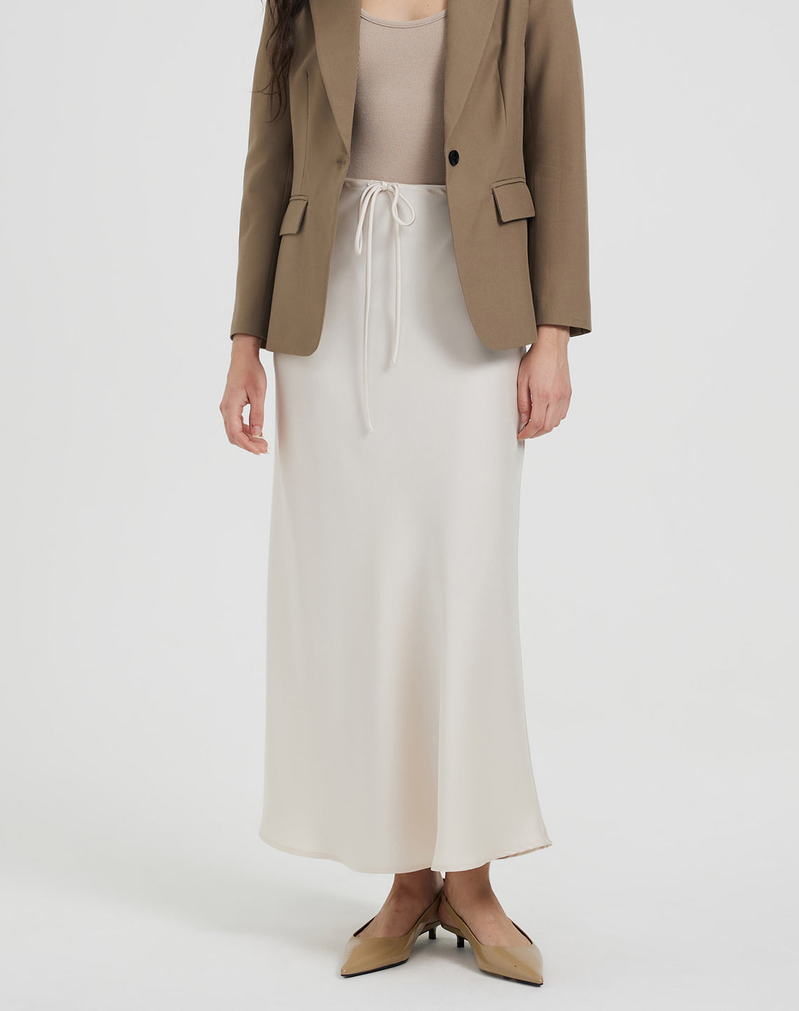 Crinkle Satin Bias Cut Maxi Skirt - Offwhite - 1