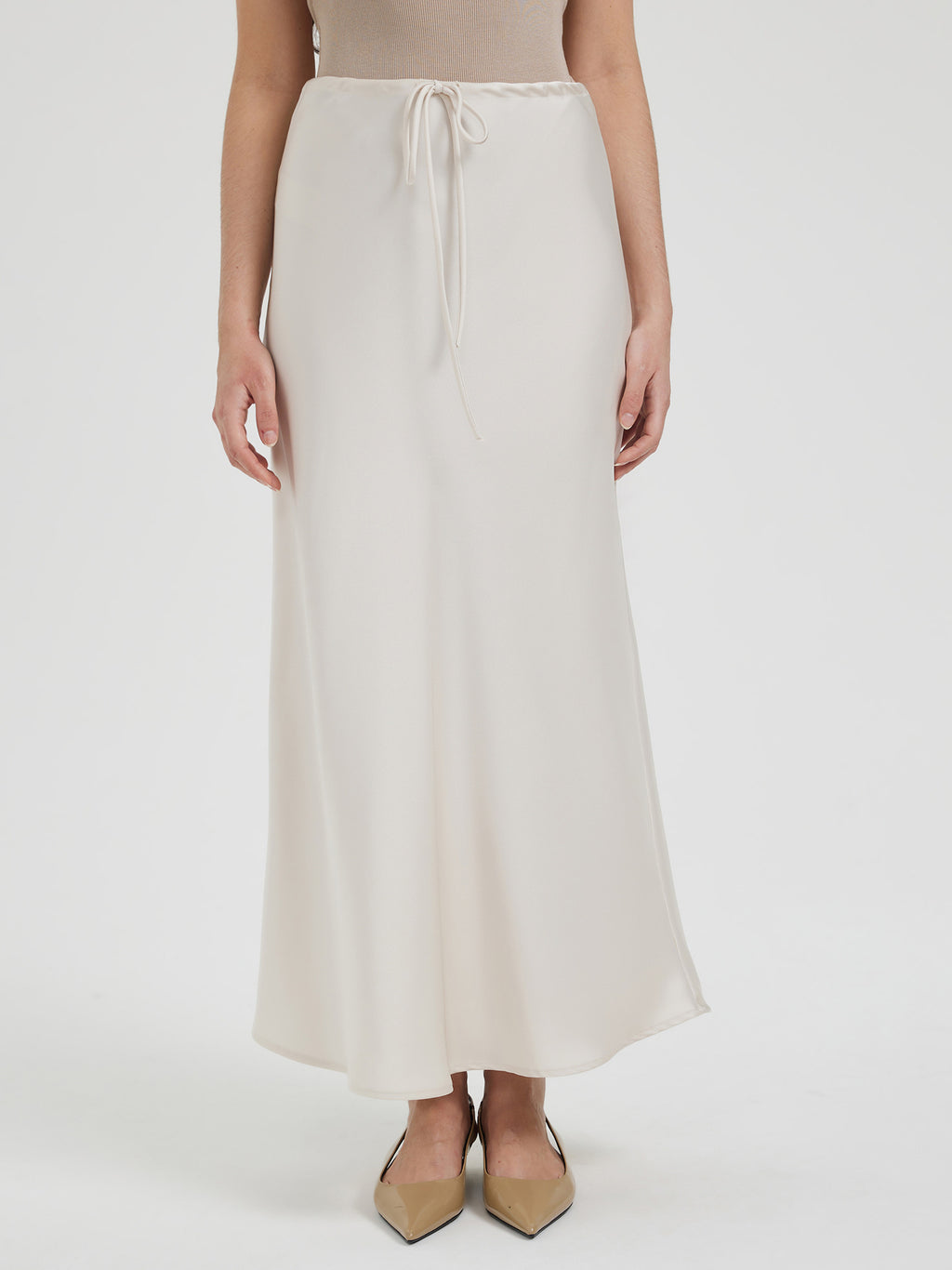 Crinkle Satin Bias Cut Maxi Skirt - Offwhite - 2
