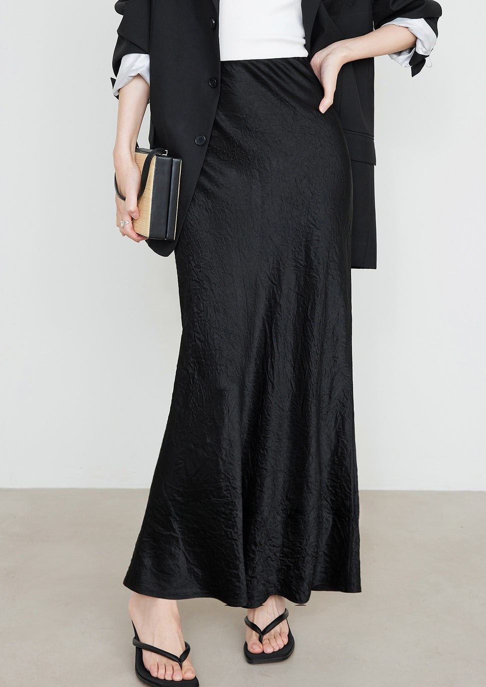 Crinkle Satin Bias Cut Maxi Skirt - TBlack - 1