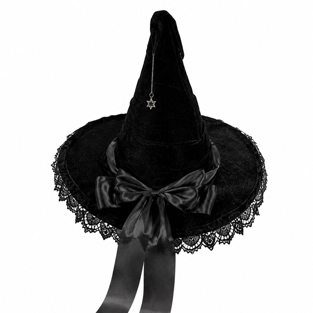Velvet Witch Hat With Lace Ruffle Trim - Black
