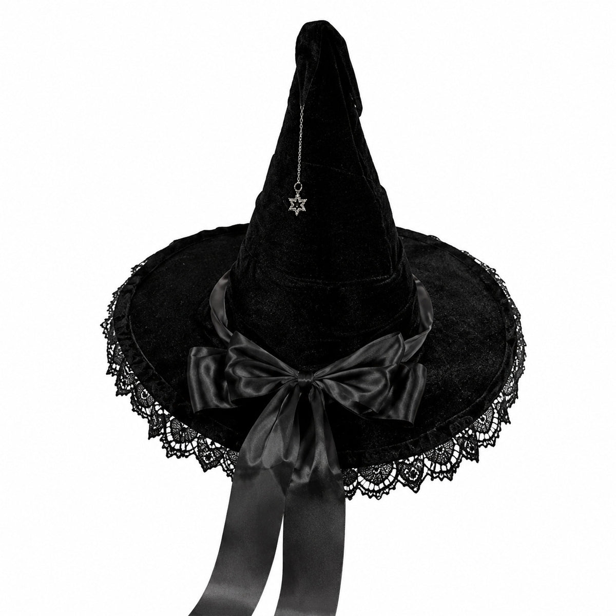 Velvet Witch Hat With Lace Ruffle Trim - Black