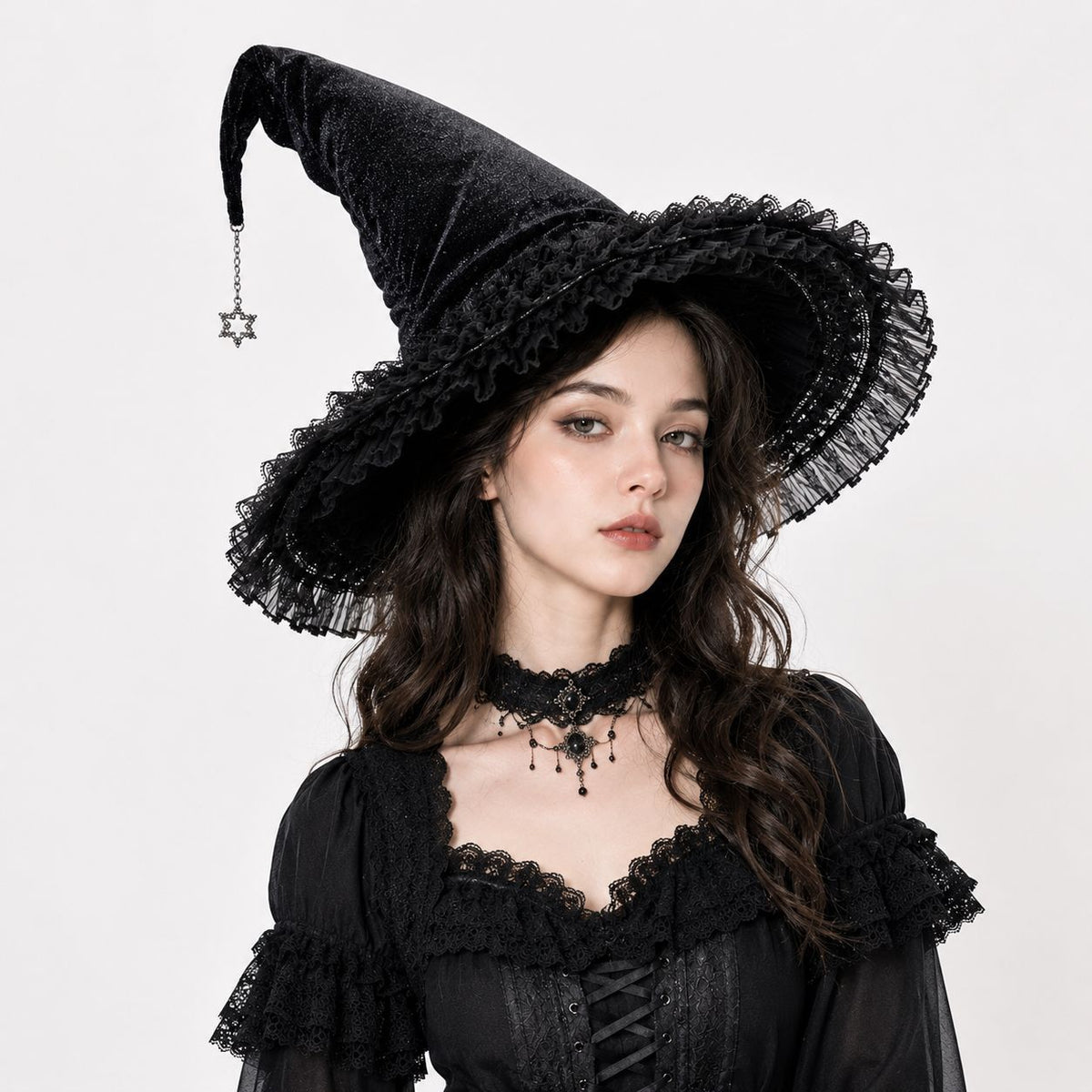 Velvet Witch Hat With Lace Ruffle Trim - Black - 1
