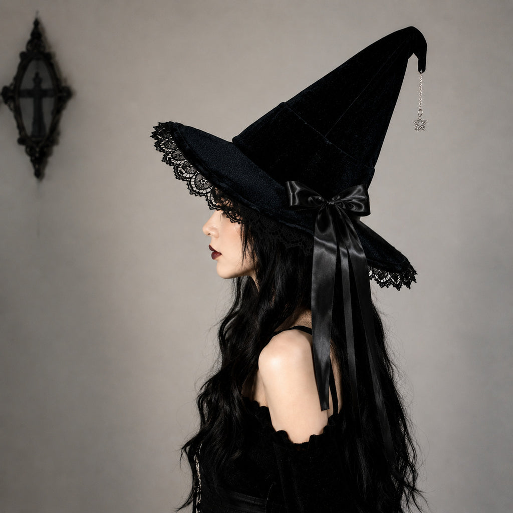 Velvet Witch Hat With Lace Ruffle Trim - Black - 2