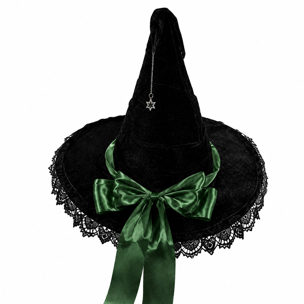 Velvet Witch Hat With Lace Ruffle Trim - GBlack