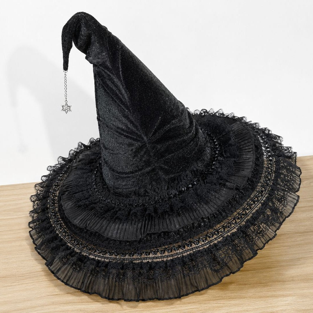 Velvet Witch Hat With Lace Ruffle Trim - LBlack