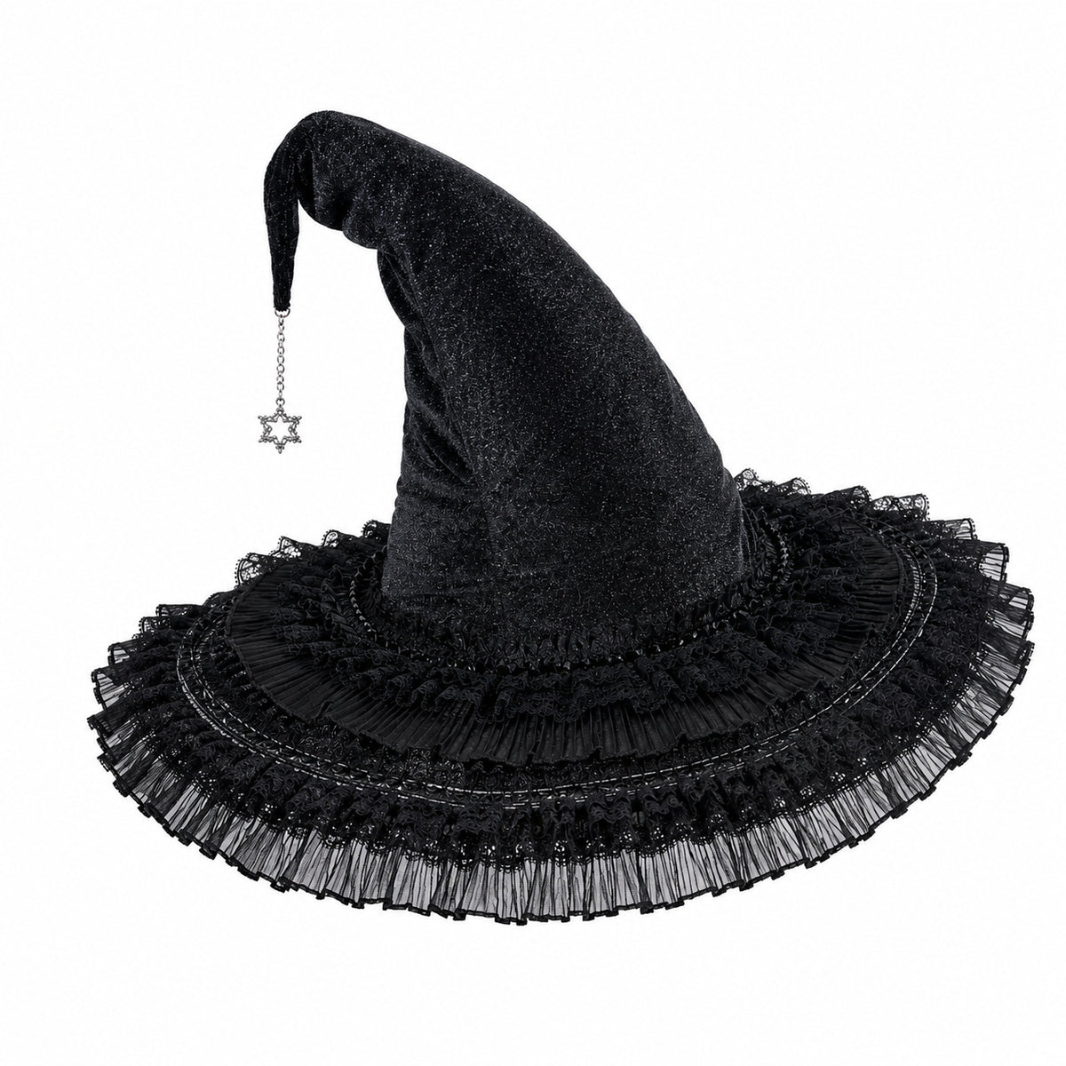 Velvet Witch Hat With Lace Ruffle Trim - LBlack - 1