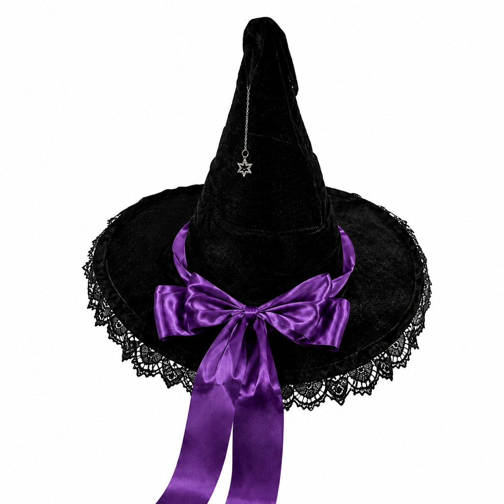Velvet Witch Hat With Lace Ruffle Trim - PBlack