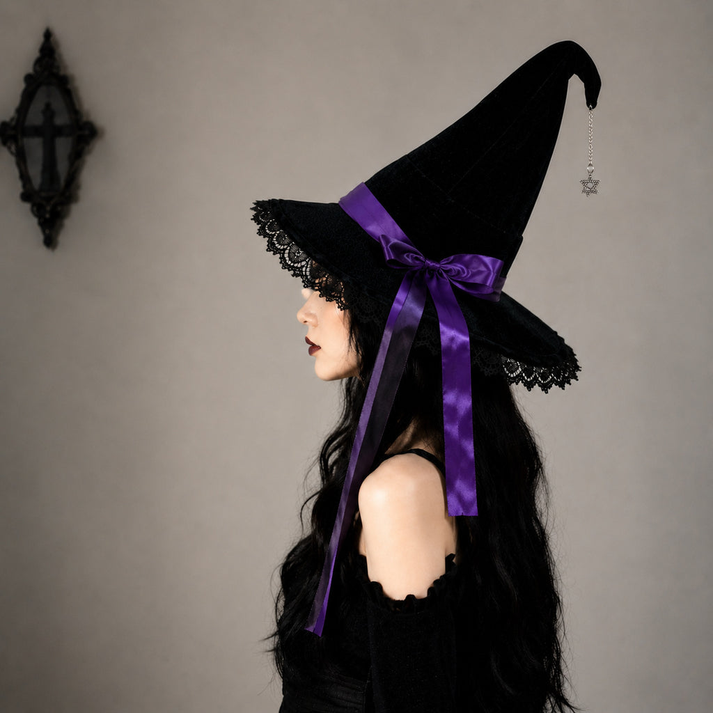 Velvet Witch Hat With Lace Ruffle Trim - PBlack - 1
