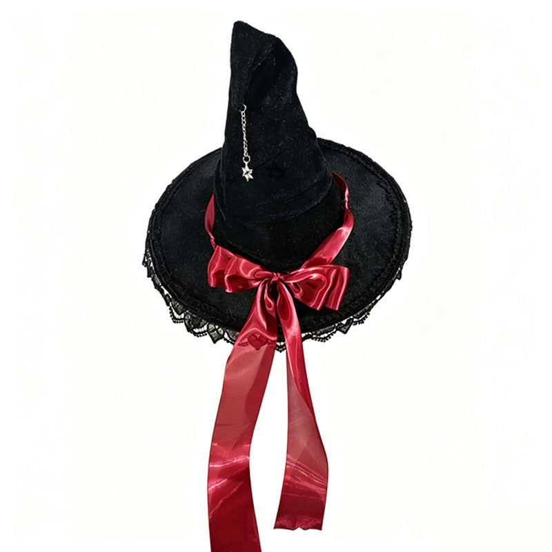 Velvet Witch Hat With Lace Ruffle Trim - RBlack