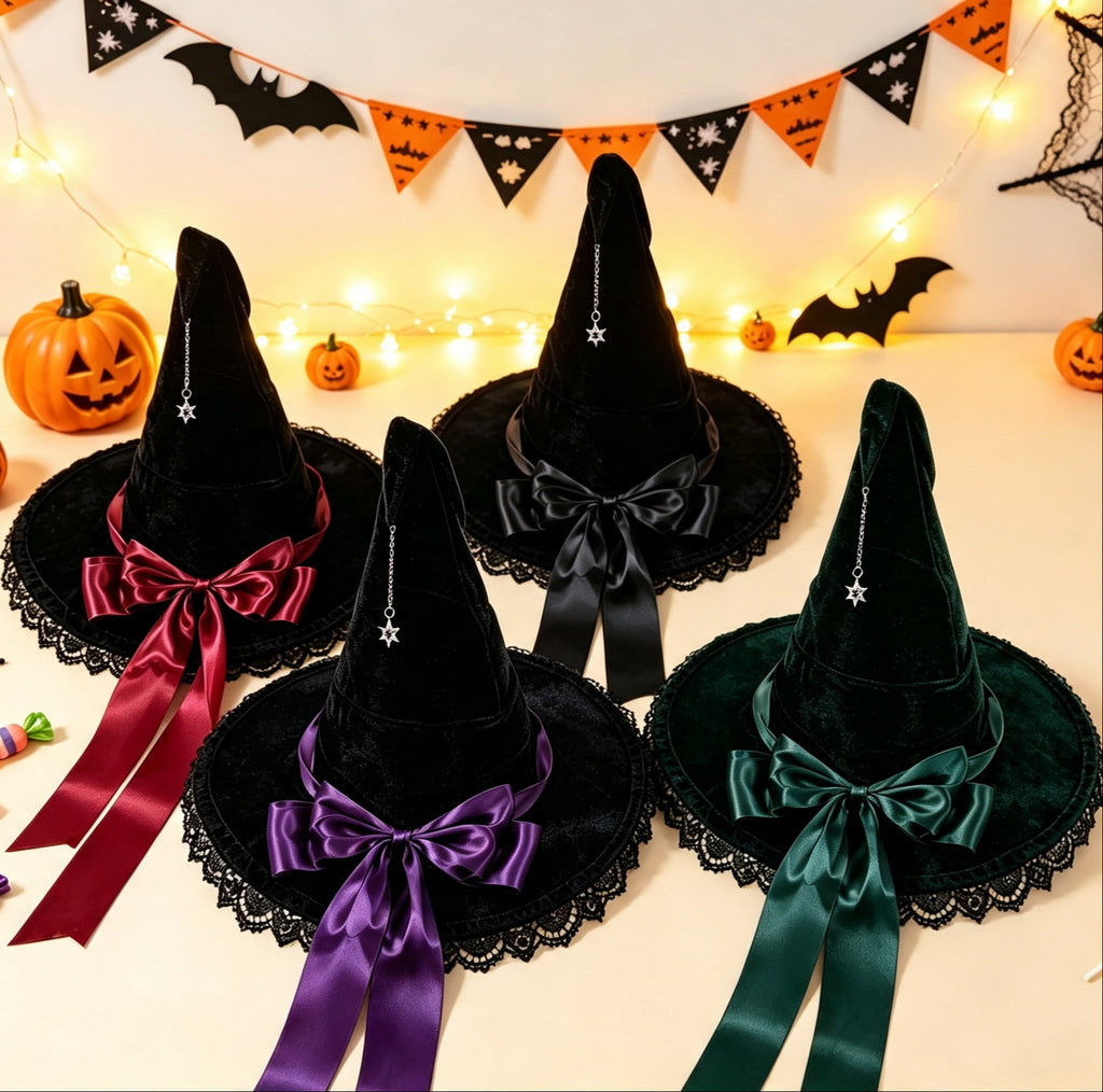 Velvet Witch Hat With Lace Ruffle Trim
