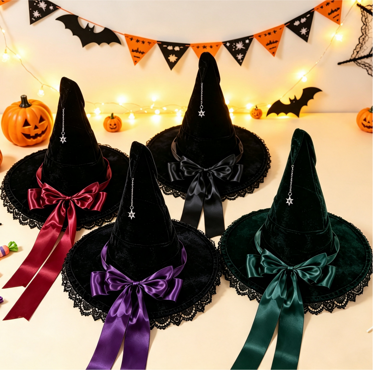 Velvet Witch Hat With Lace Ruffle Trim - view 1