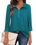 Quarter Zip Three-Quarter Sleeve Ribbed Tee - Green