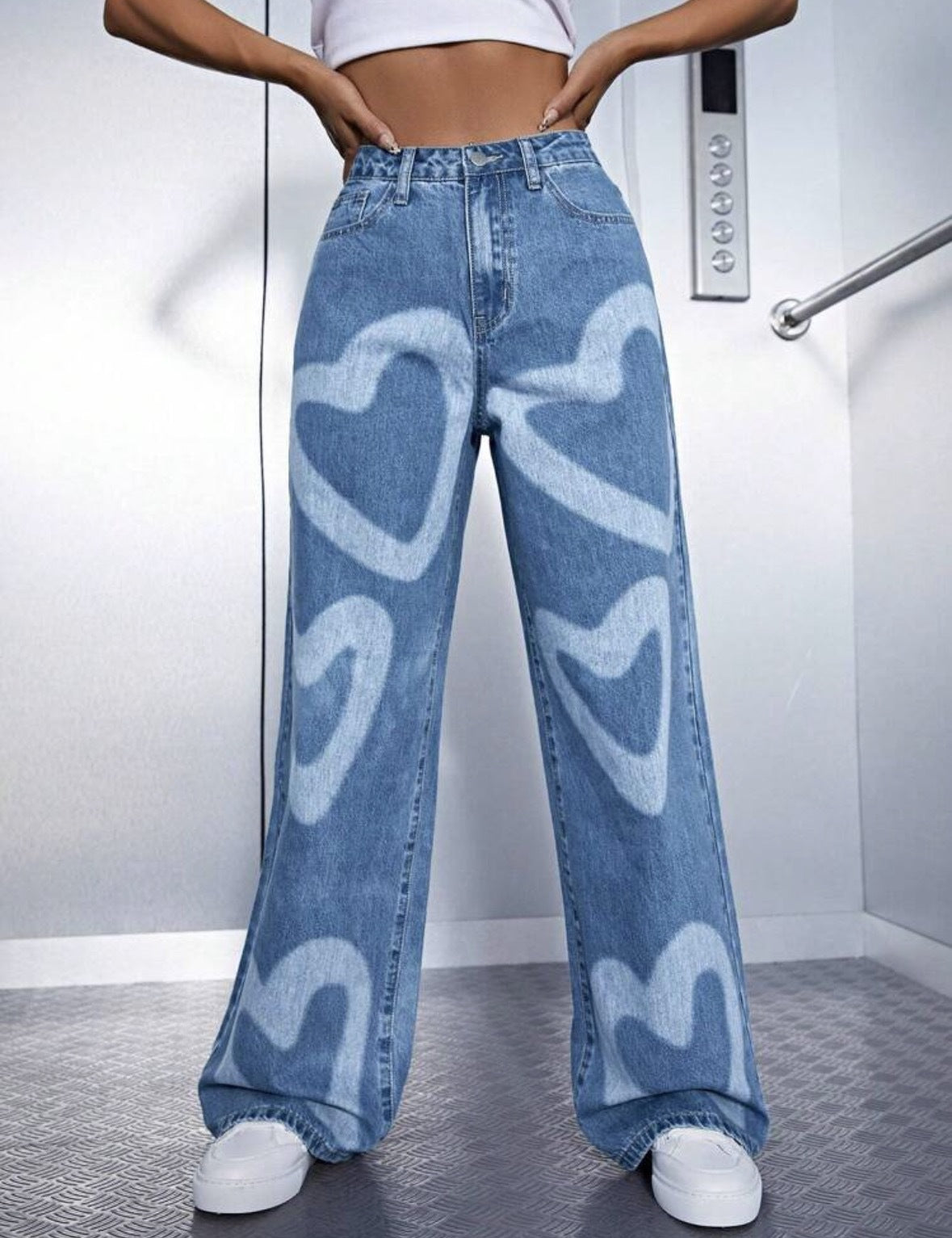 Bleached Heart Pattern Wide Leg Jeans - Blue