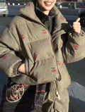 Check Print Cherry Embroidered Puffer - Grey