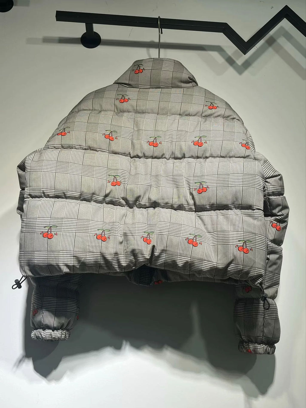 Check Print Cherry Embroidered Puffer - Grey - 1