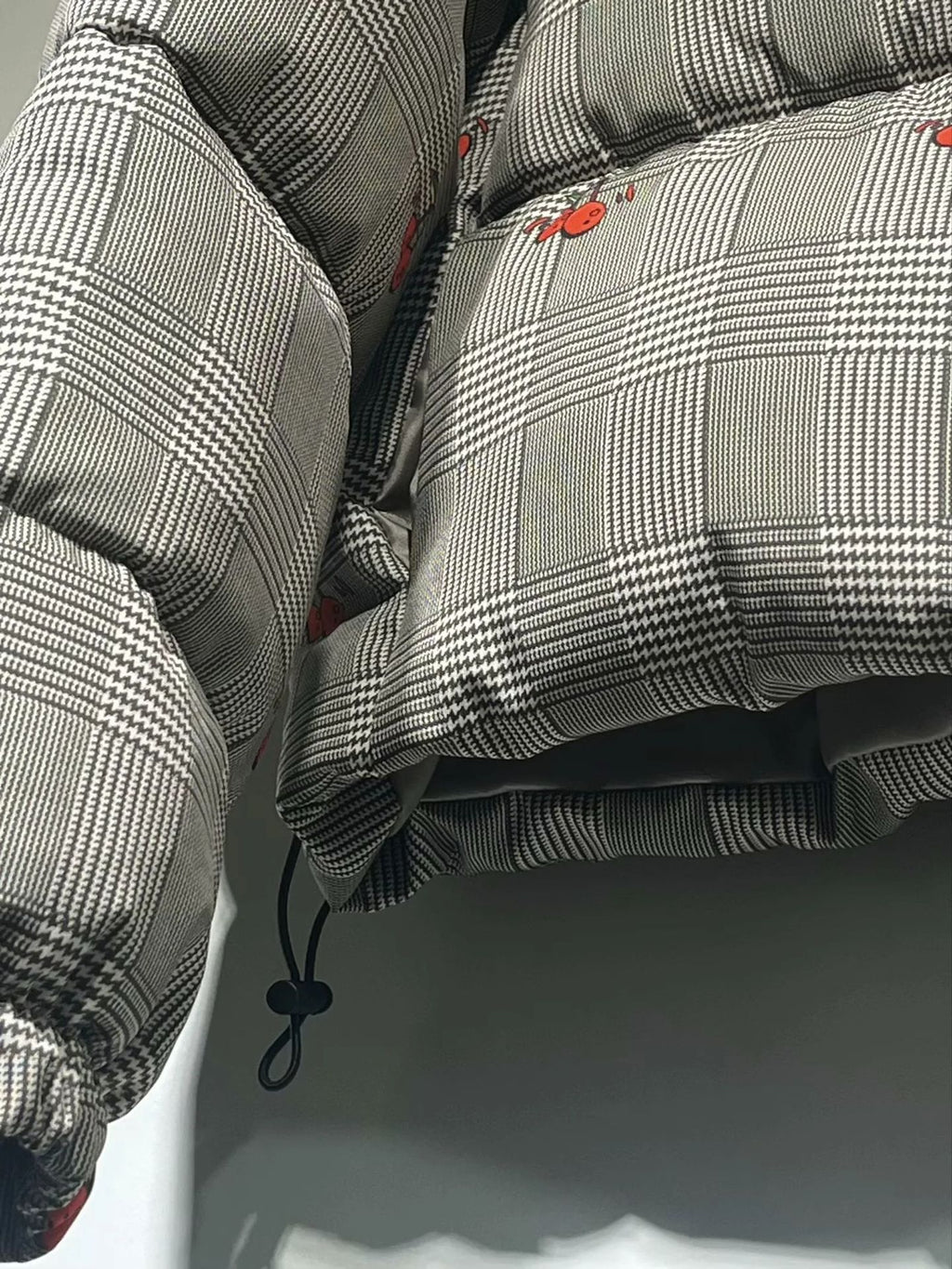 Check Print Cherry Embroidered Puffer - Grey - 2