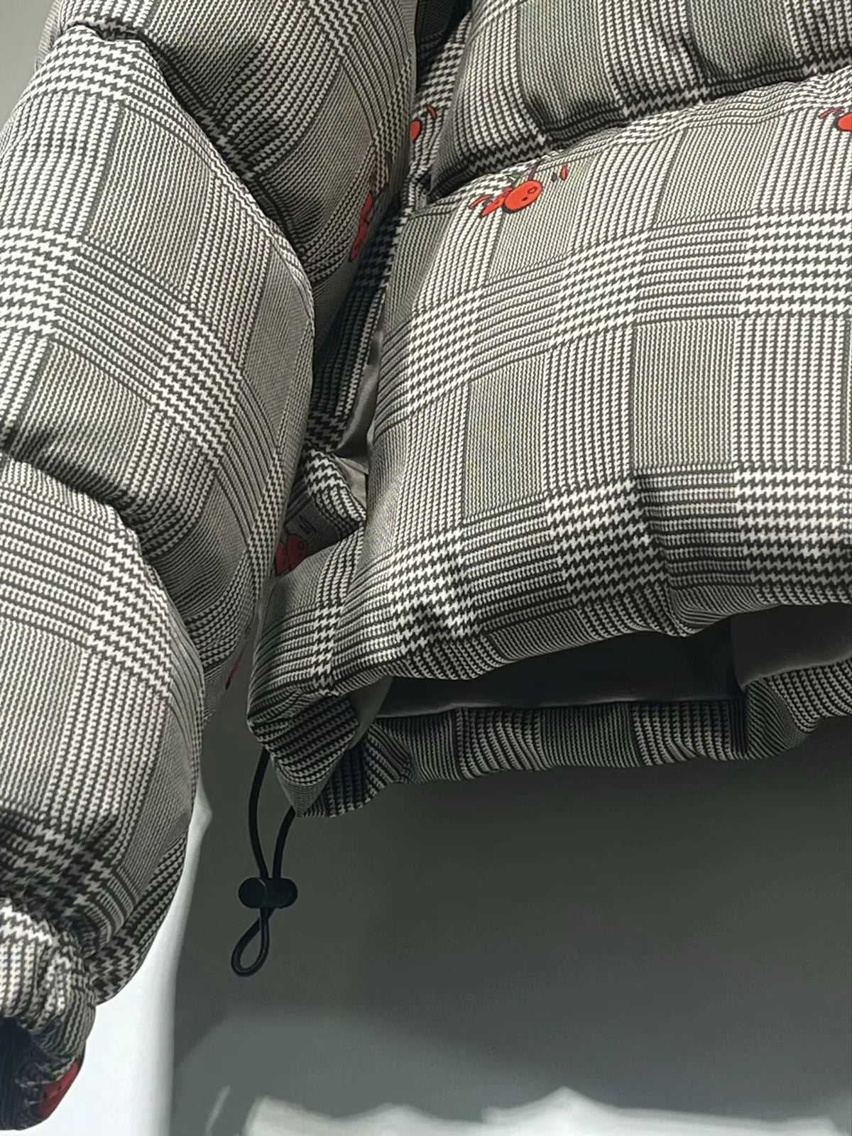 Check Print Cherry Embroidered Puffer - Grey - 2
